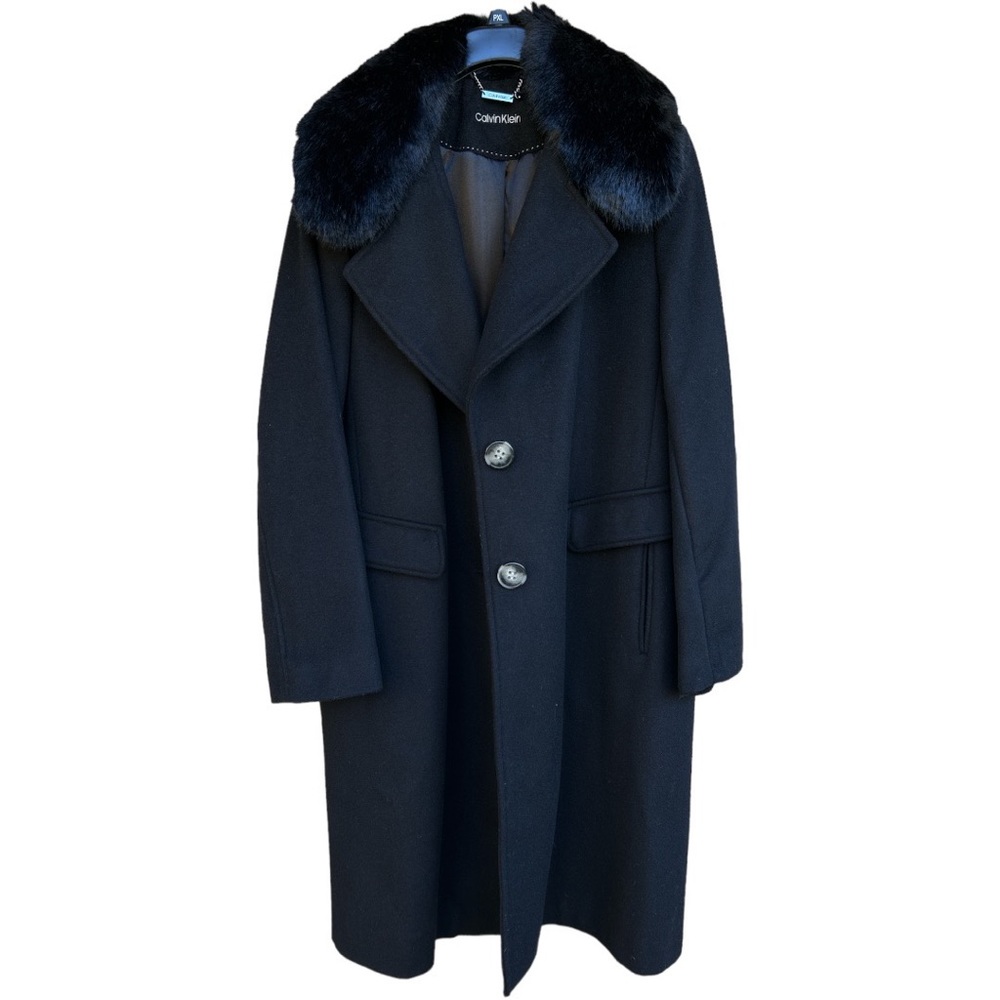 Calvin Klein | Wool Black Coat with a Faux Fur Removable Collar- Size Petite XL